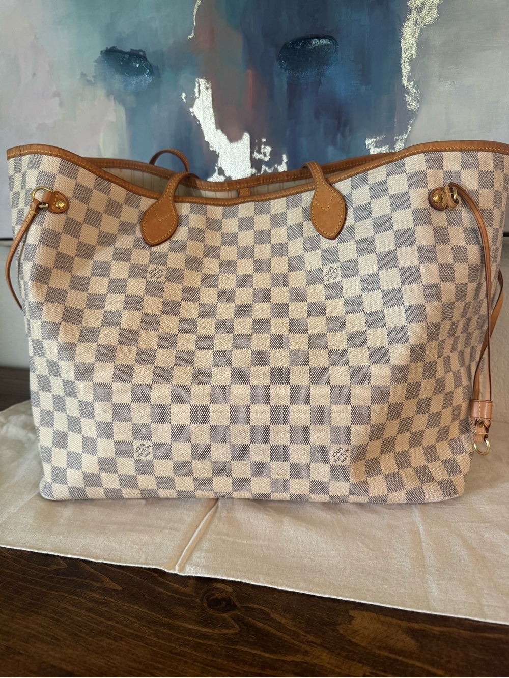 Authentic Louis Vuitton Damier Azur GM Neverfull tote.
